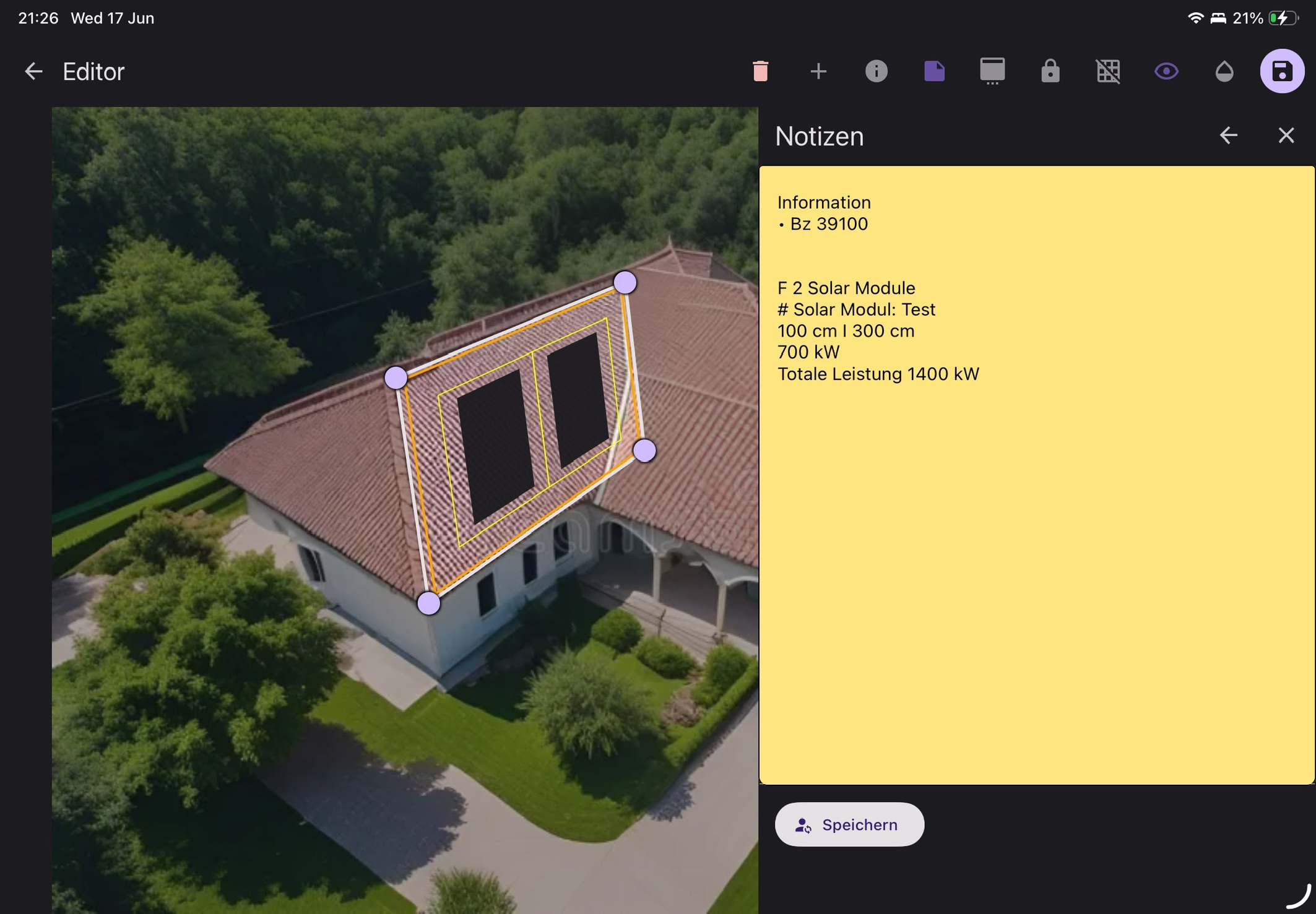 SolarPlaner roof overview with project chips and solar module summary